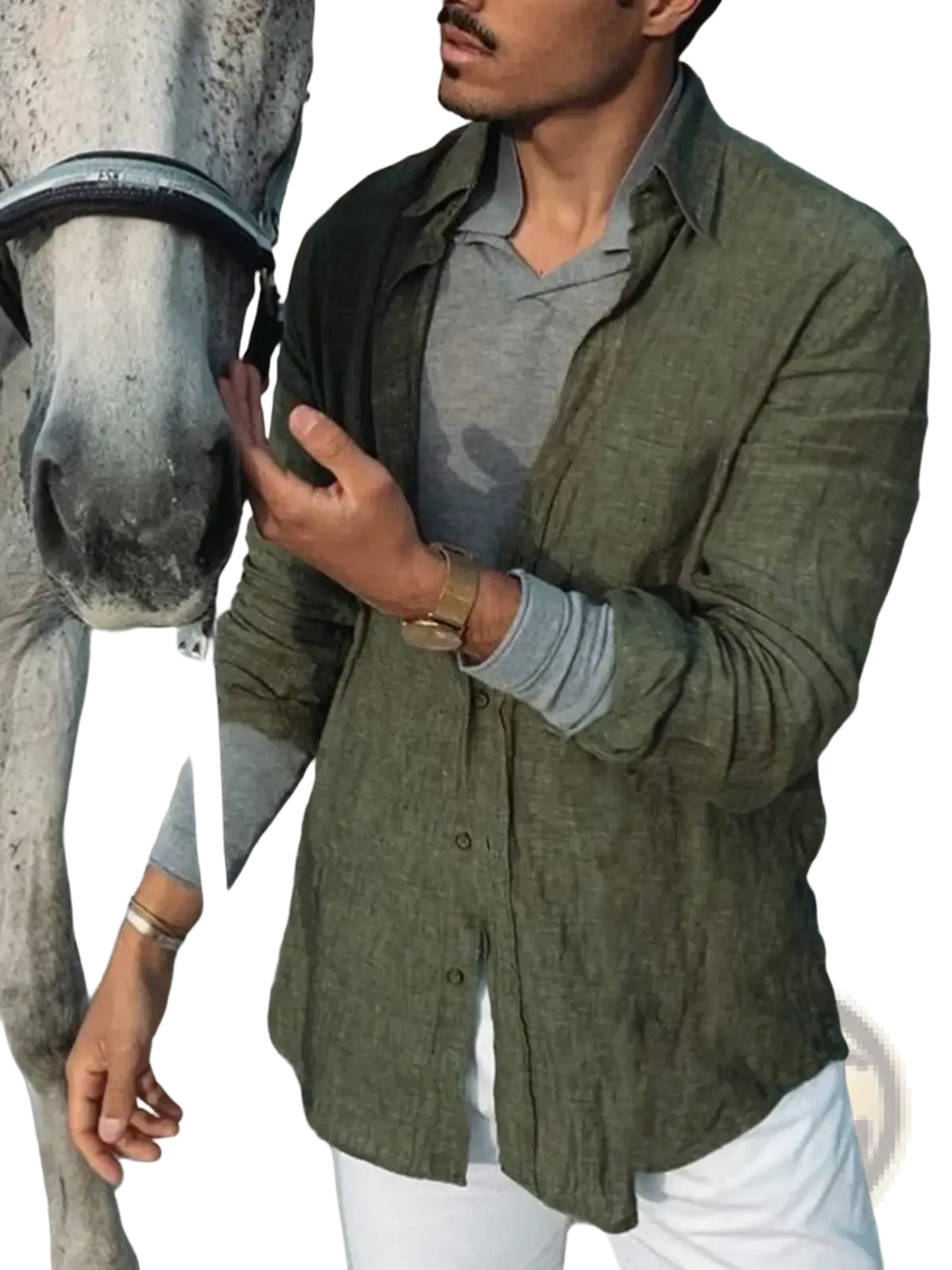 Men’s olive green linen casual shirt with textured button-up design worn over a gray polo shirt