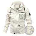 Off-white mens outdoor fleece hooded jacket with black trim front zipper multiple pockets and find your rftfway patch