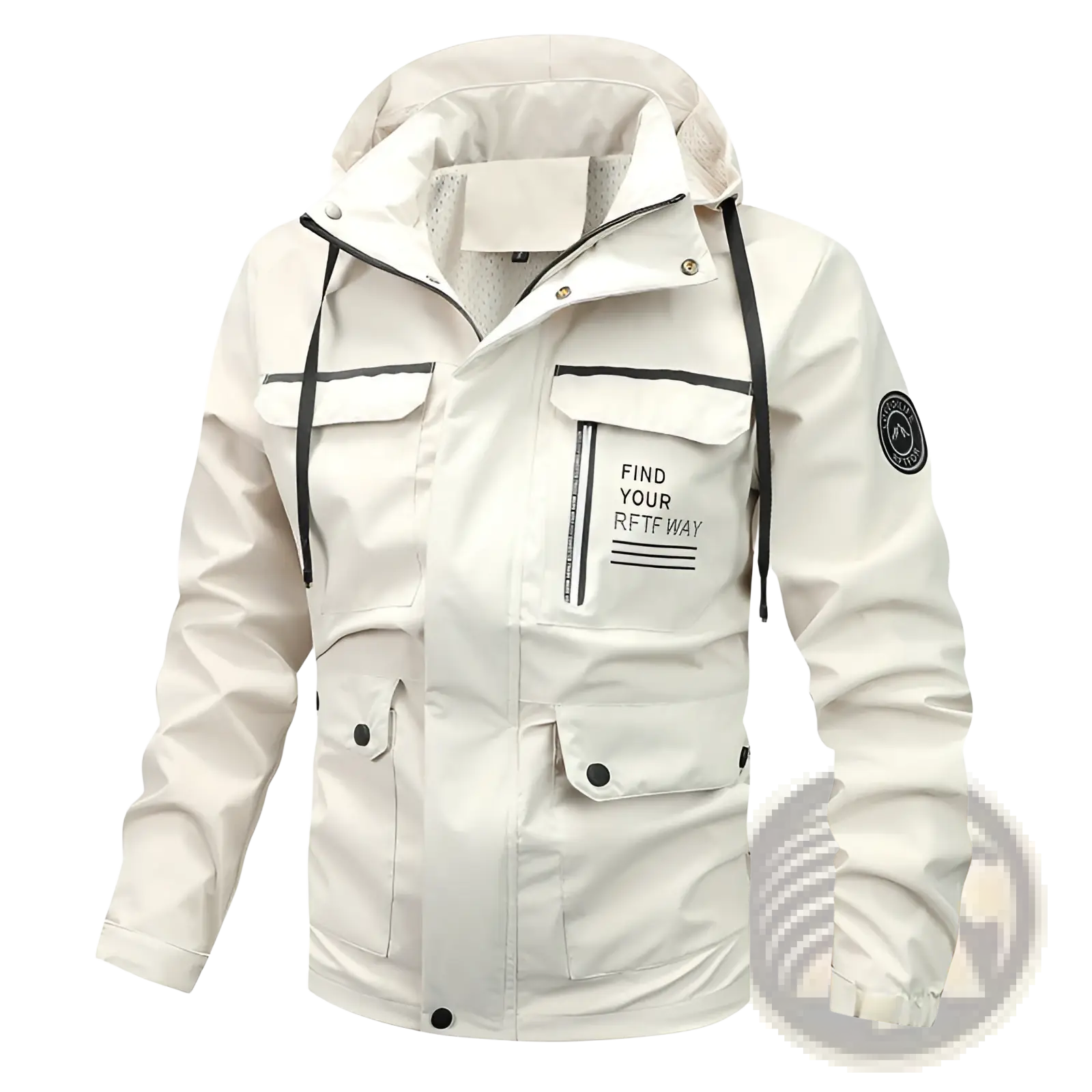 Off-white mens outdoor fleece hooded jacket with black trim front zipper multiple pockets and find your rftfway patch