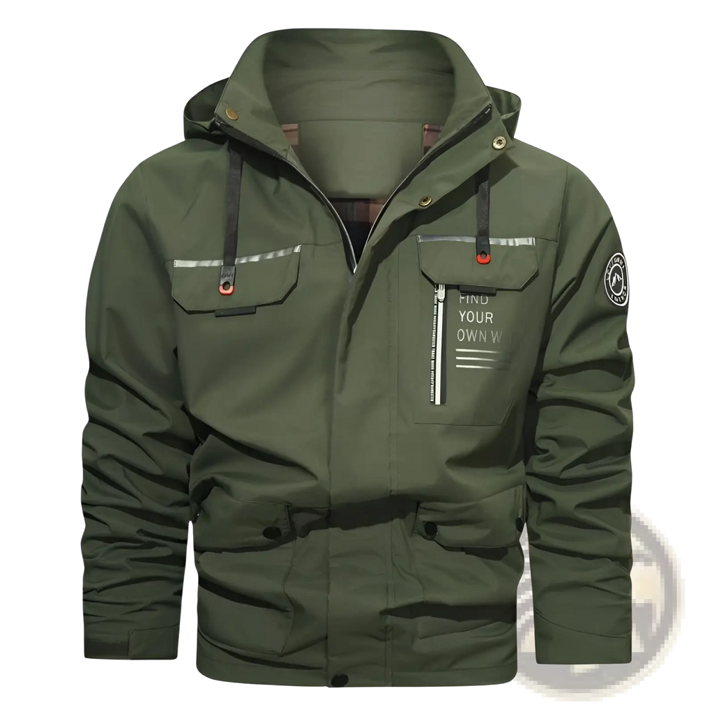 Mens outdoor fleece hooded jacket in olive green with front zipper, reflective chest pockets, red buttons, and sleeve patch