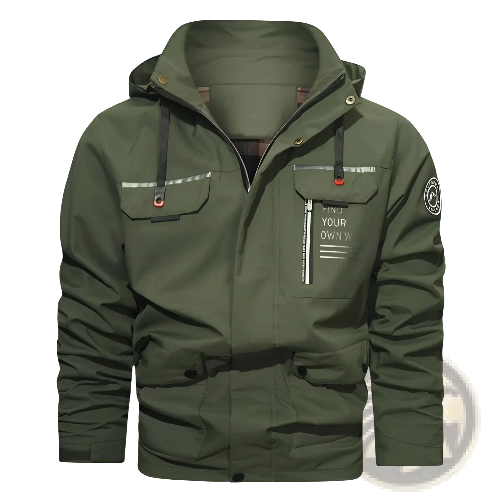 Mens outdoor fleece hooded jacket in olive green with front zipper, reflective chest pockets, red buttons, and sleeve patch