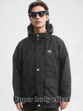 Men’s all weather tactical assault rainproof parka in black with silver buttons and subtle white chest logo