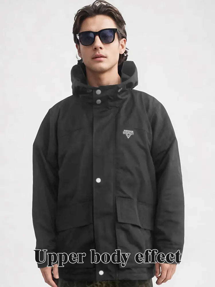 Men’s all weather tactical assault rainproof parka in black with silver buttons and subtle white chest logo