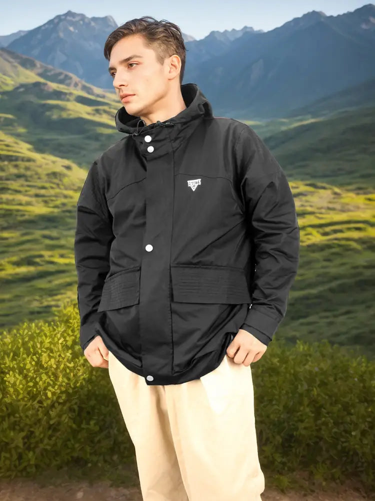 Men’s black hooded tactical assault rainproof parka with white buttons and triangular chest logo for all weather use