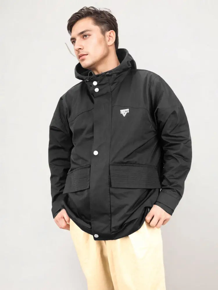 Men’s all weather tactical assault rainproof parka in black hooded jacket with white button closures and logo