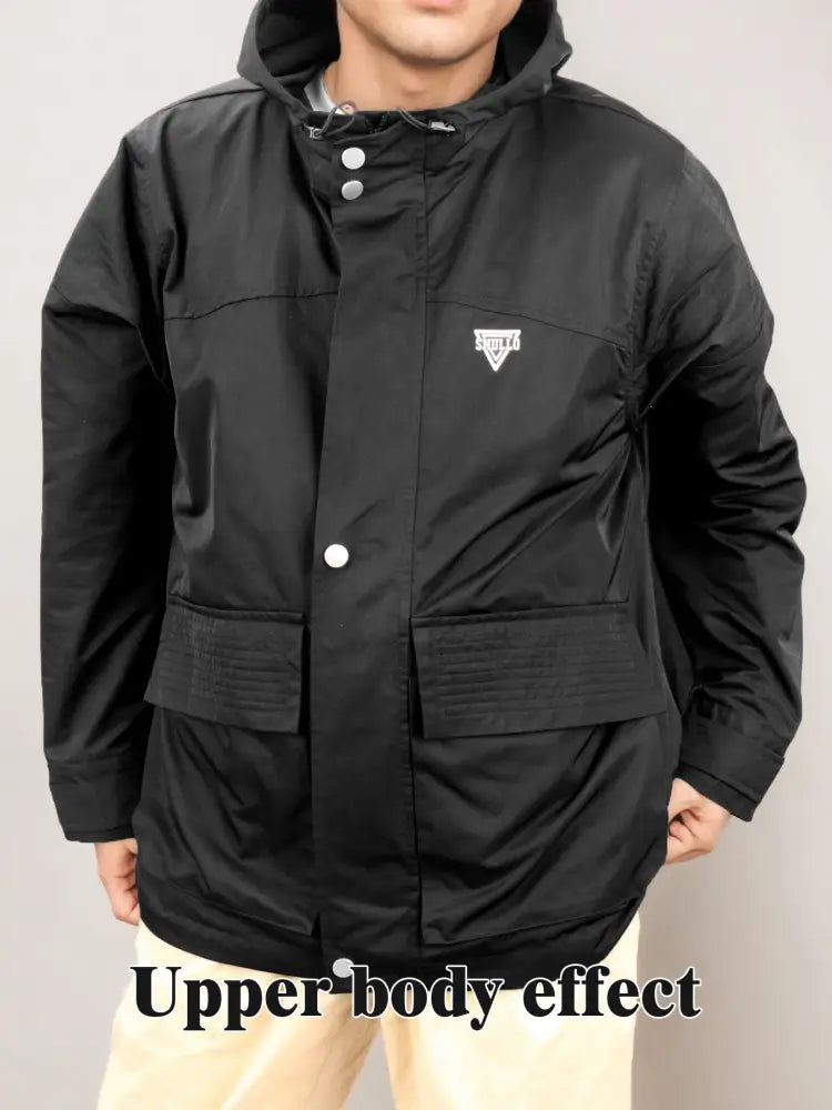 Men’s all weather tactical assault rainproof parka in black with hood, white triangular logo, and silver buttons