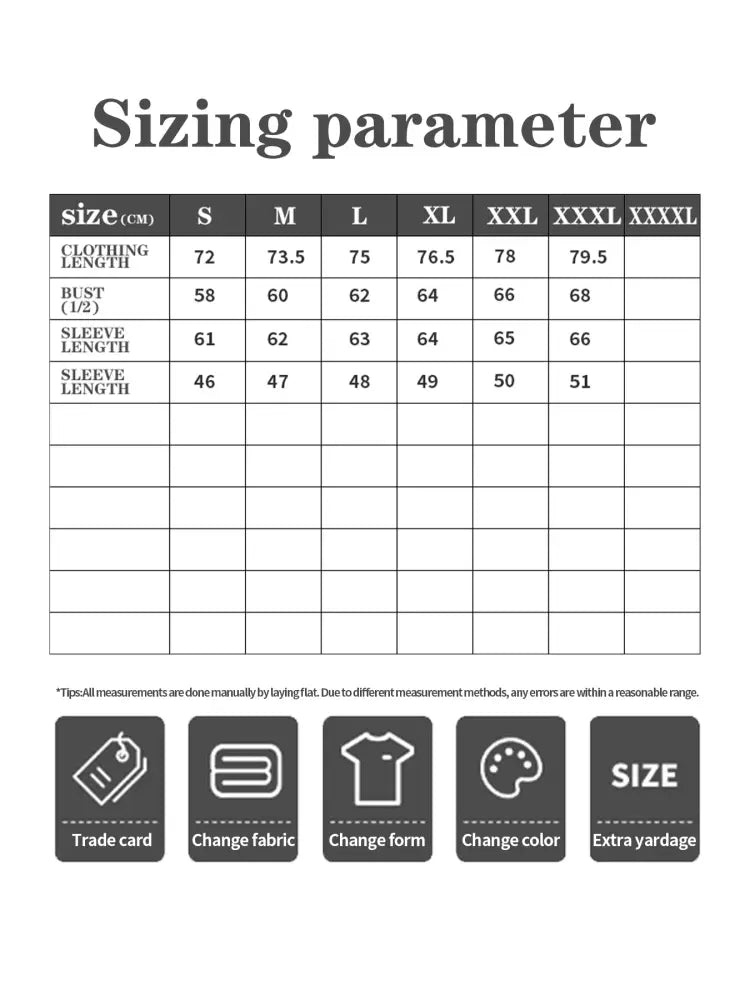 Sizing parameter chart displaying measurements in centimeters for men’s all weather tactical assault rainproof parka sizes s to xxxl