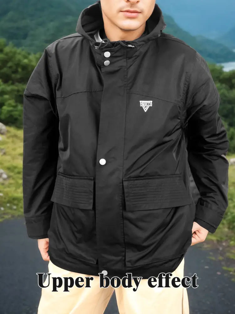 Men’s all weather tactical assault rainproof parka in black with silver buttons and white triangular logo on the chest