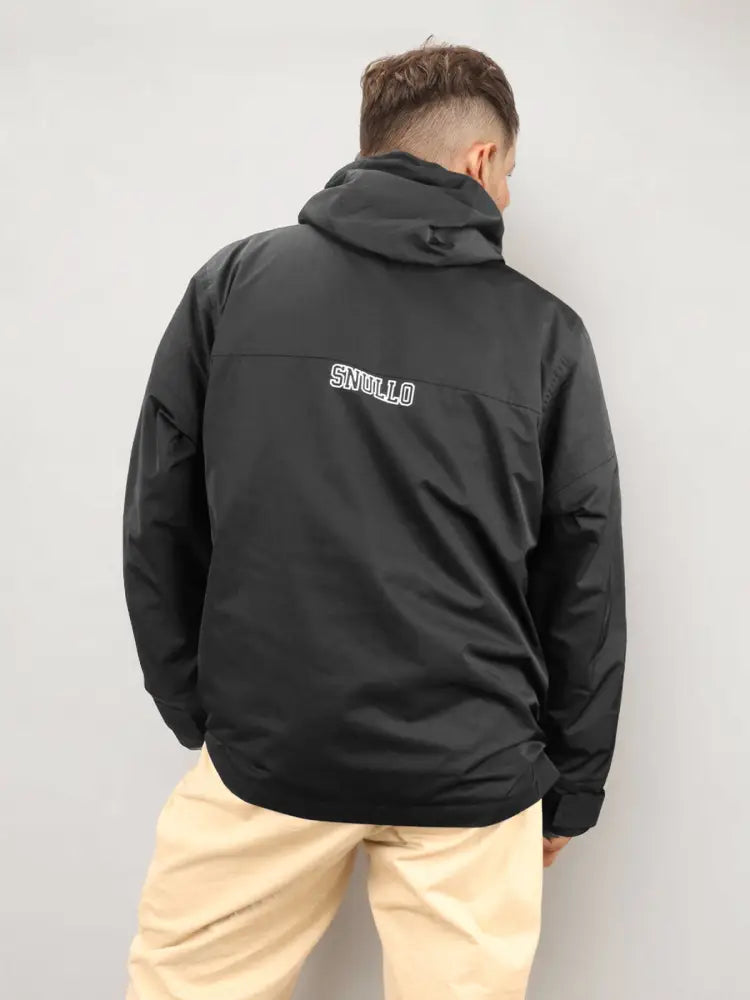Back view of black snullo hooded tactical assault rainproof parka with white embroidered logo for all weather use