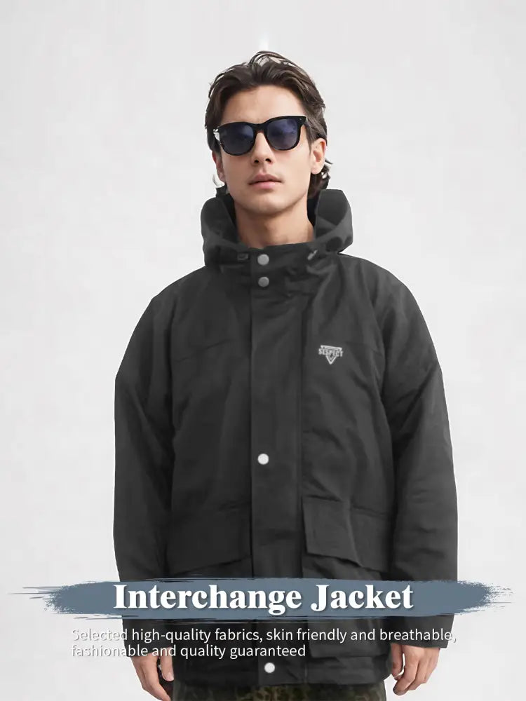 Men’s black hooded tactical assault rainproof parka with subtle embroidered logo on chest front view