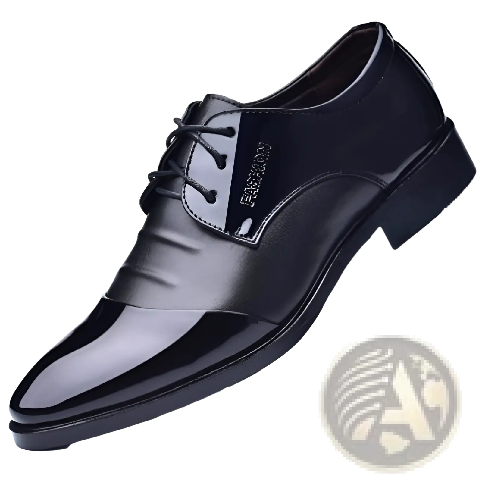 Men’s Oxford leather shoe in black patent leather with glossy finish and subtle side branding British style pointed toe