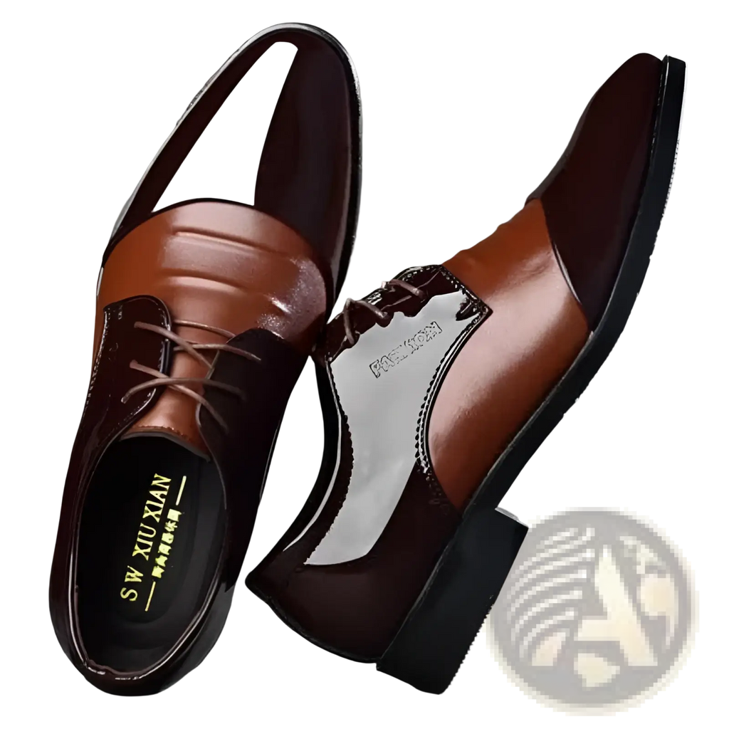 Men’s Oxford leather shoes British style brown and tan two-tone with pointed toe and glossy finish