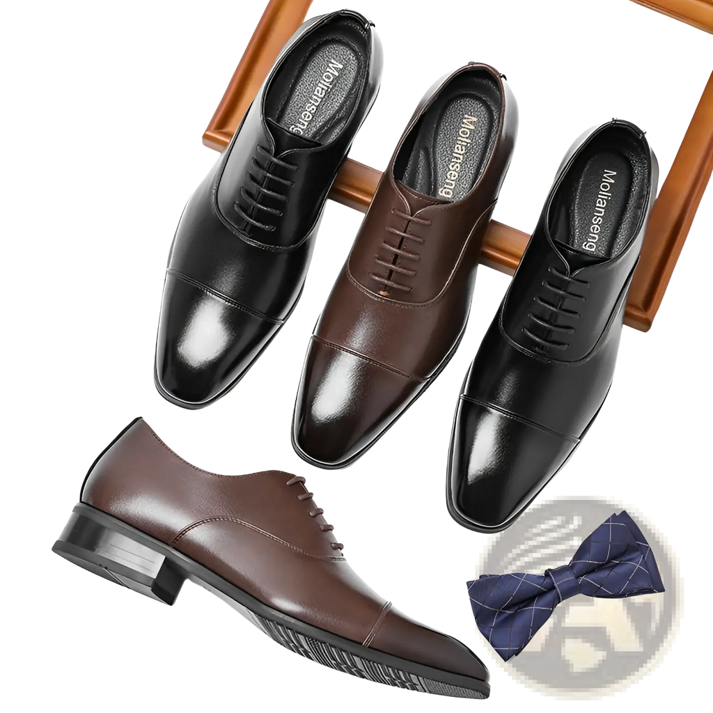 Men’s Oxford leather shoes Japanese dress style black and brown cap-toe with polished finish
