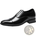 Black leather oxford shoe with polished finish and classic cap toe design in Japanese dress style for men
