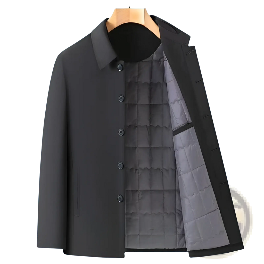 Men’s padded winter cotton coat navy blue with quilted gray lining and dark buttons on a wooden hanger