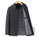 Men’s padded winter cotton coat navy blue with quilted gray lining and dark buttons on a wooden hanger