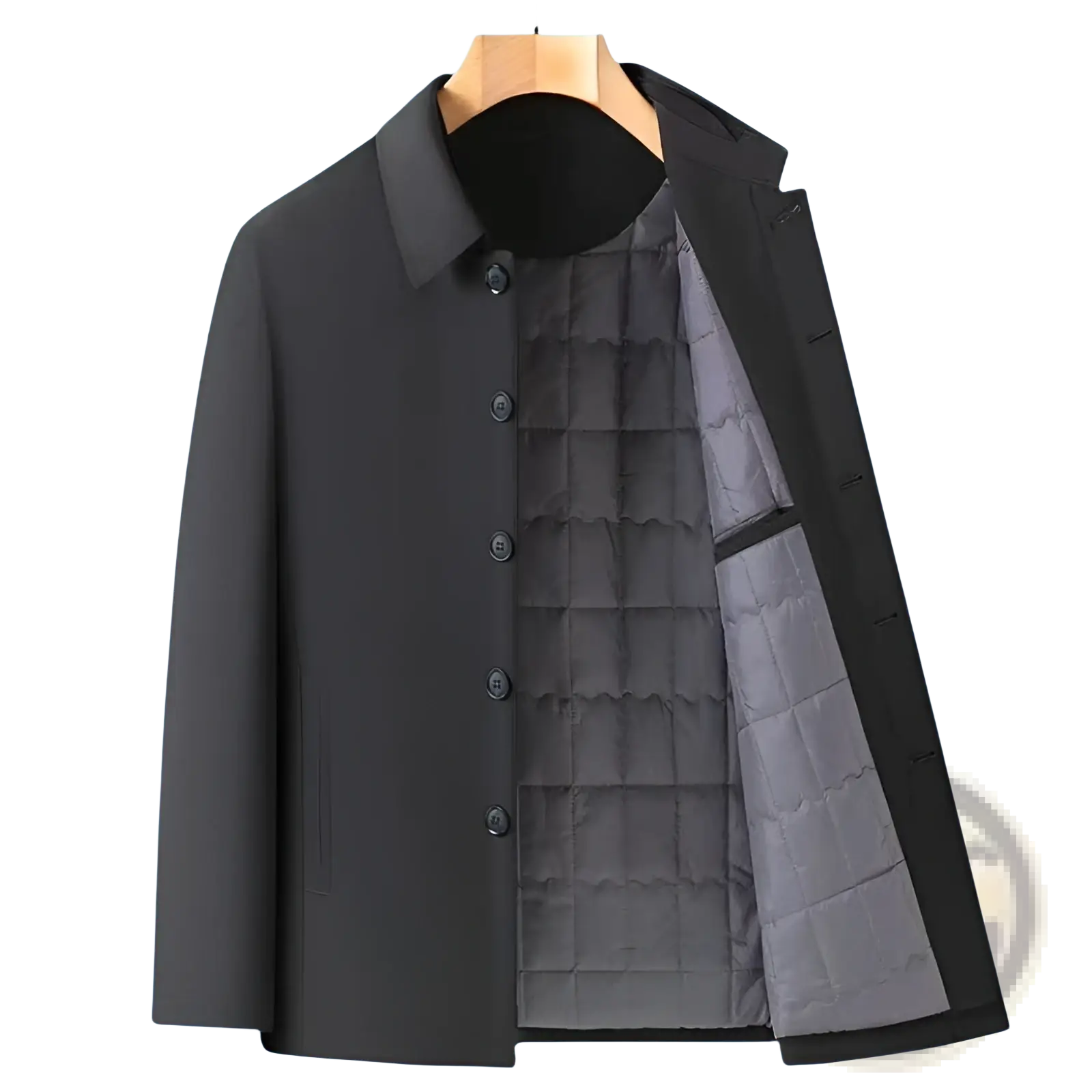 Men’s padded winter cotton coat navy blue with quilted gray lining and dark buttons on a wooden hanger