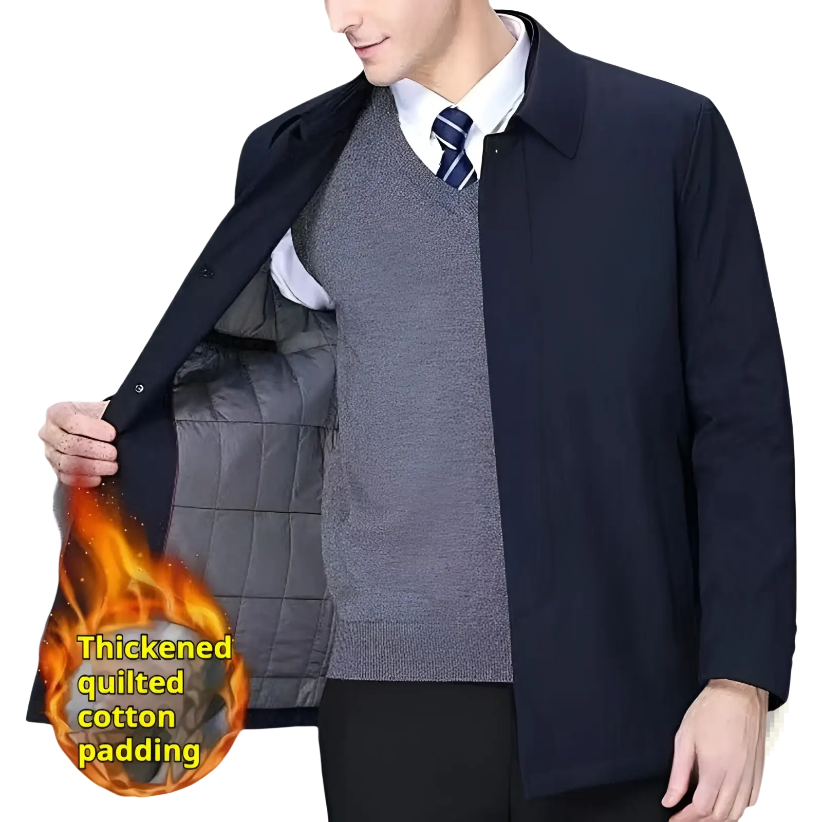 Men’s navy blue quilted cotton-lined padded winter coat with thickened interior for enhanced warmth and comfort