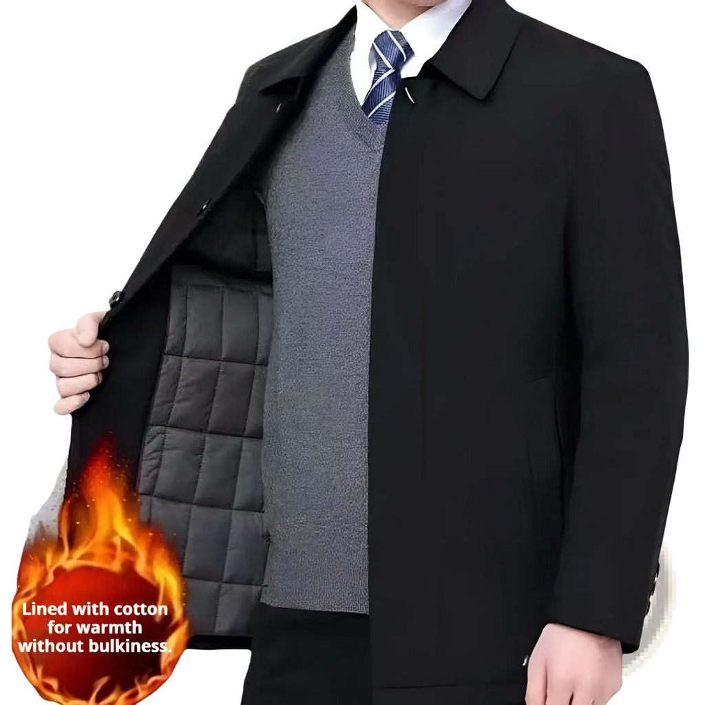 Men’s black quilted winter coat with cotton lining featuring a sleek structured design for cold weather wear