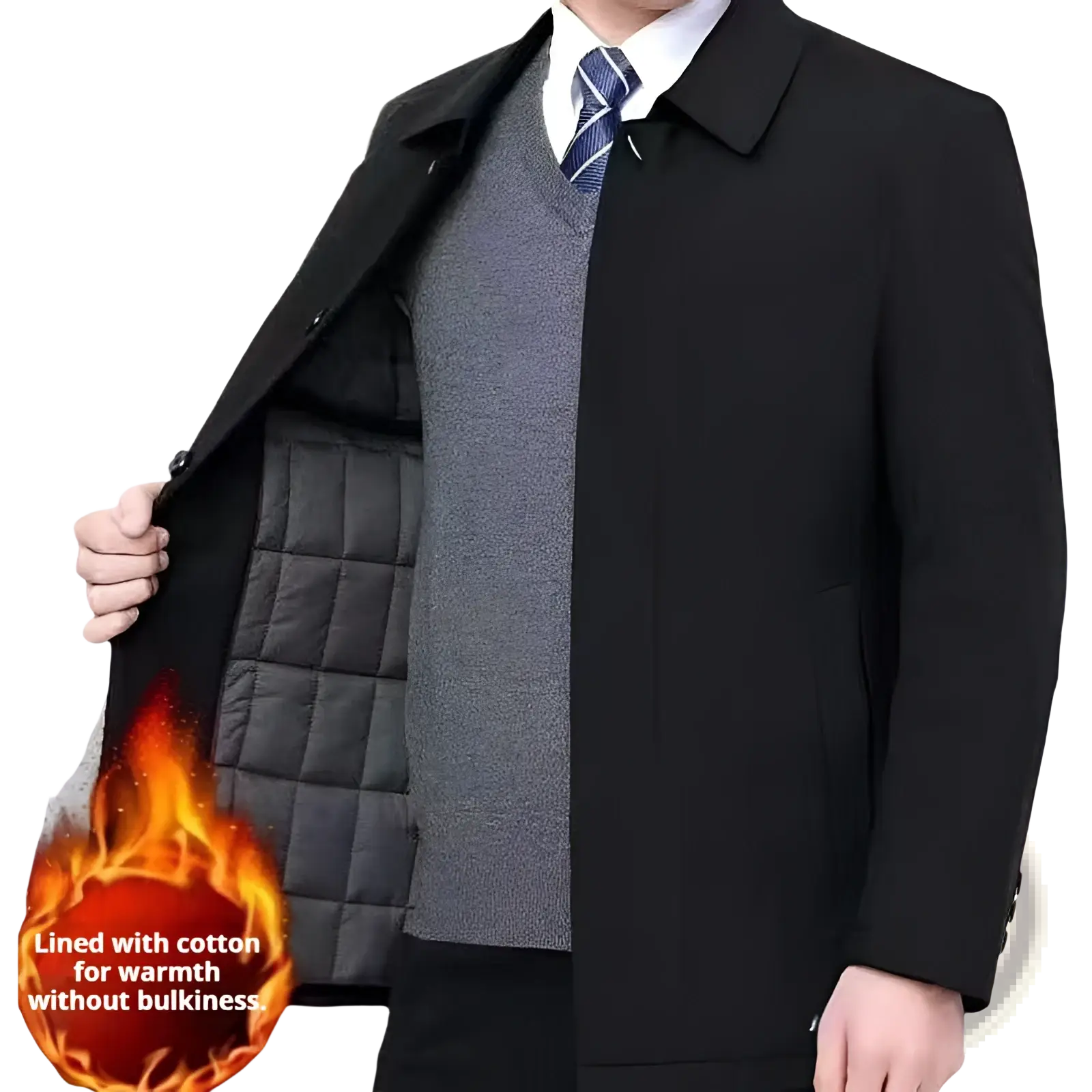 Men’s black quilted winter coat with cotton lining featuring a sleek structured design for cold weather wear