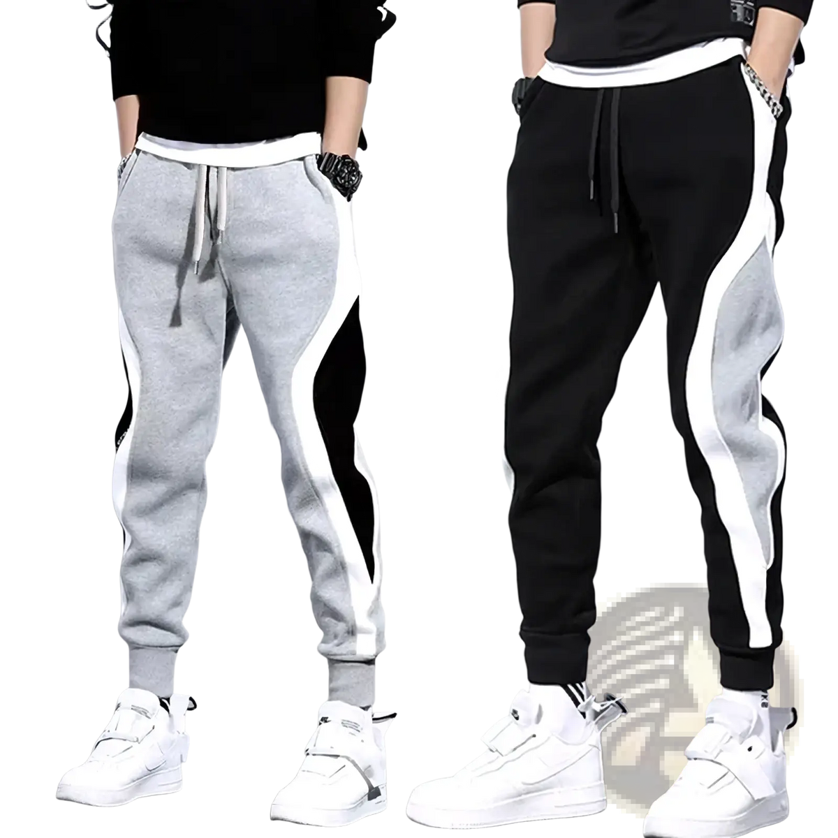 Men’s patchwork casual joggers in black and gray with bold white side stripes, drawstring waistband, and elastic cuffs