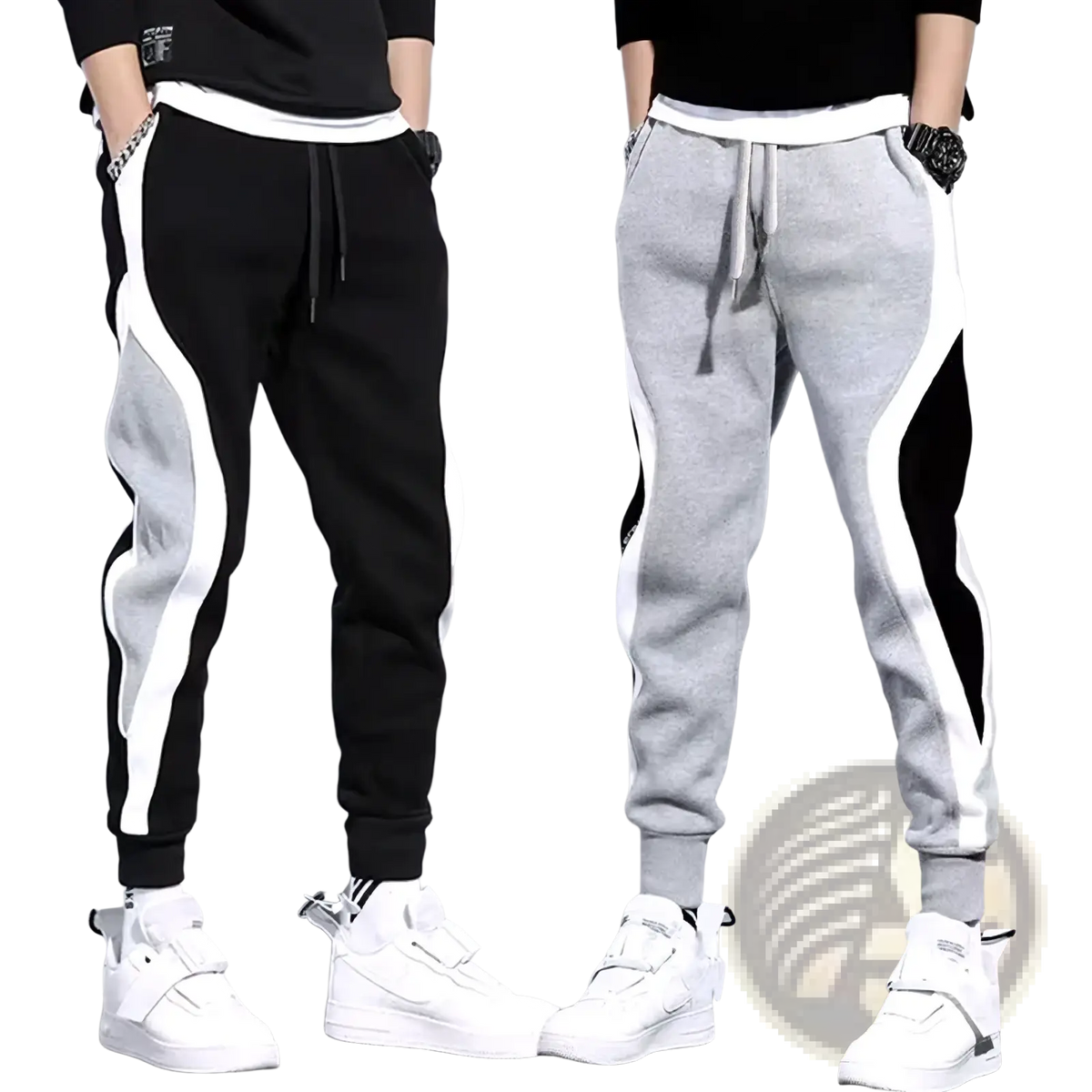 Men’s patchwork casual joggers in black and gray with white side stripes, drawstring waistband, and elastic cuffs