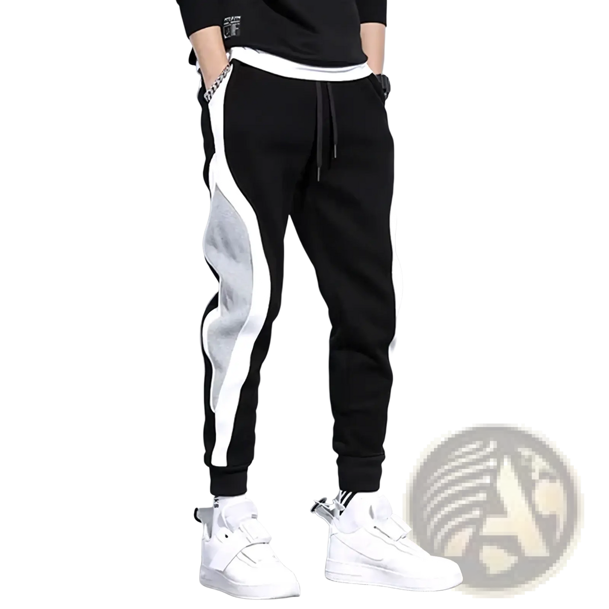 Men’s patchwork casual joggers in black with bold white and gray side stripes, drawstring waistband, and elastic cuffs