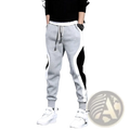 Men’s patchwork casual joggers in gray with black and white side panels, drawstring waistband, and elastic cuffs