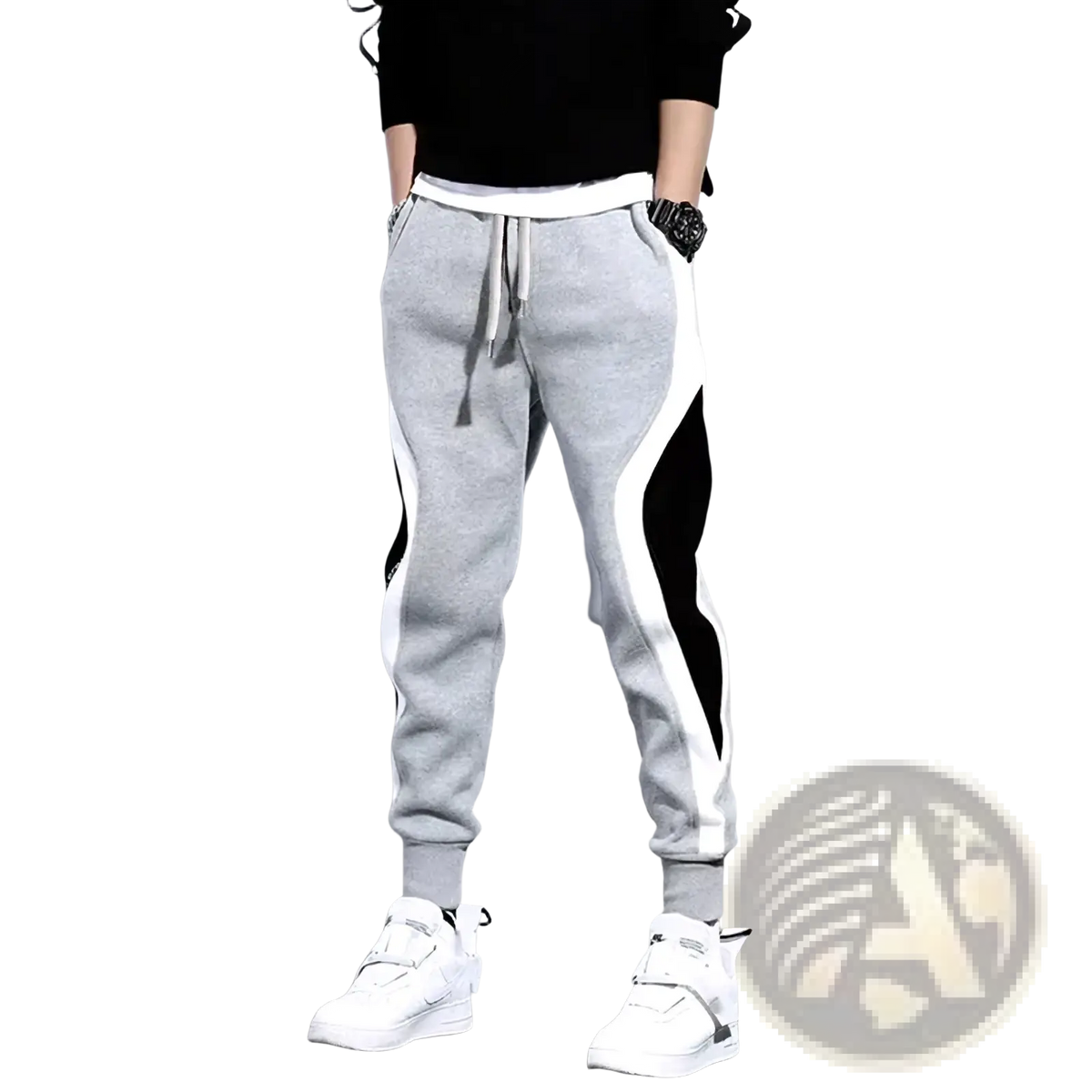Men’s patchwork casual joggers in gray with black and white side panels, drawstring waistband, and elastic cuffs