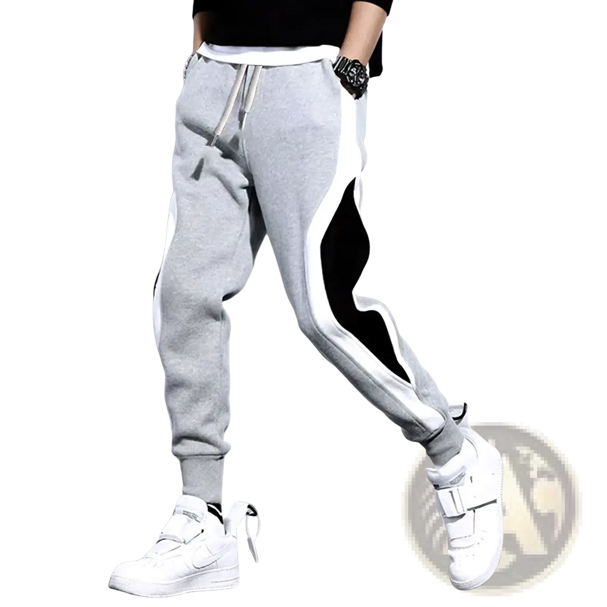 Men’s patchwork casual joggers in gray with white and black side panels, drawstring waist, and elastic cuffs