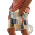Men’s patchwork houndstooth streetwear casual shorts with earthy beige navy blue and rust red tones and subtle stripes