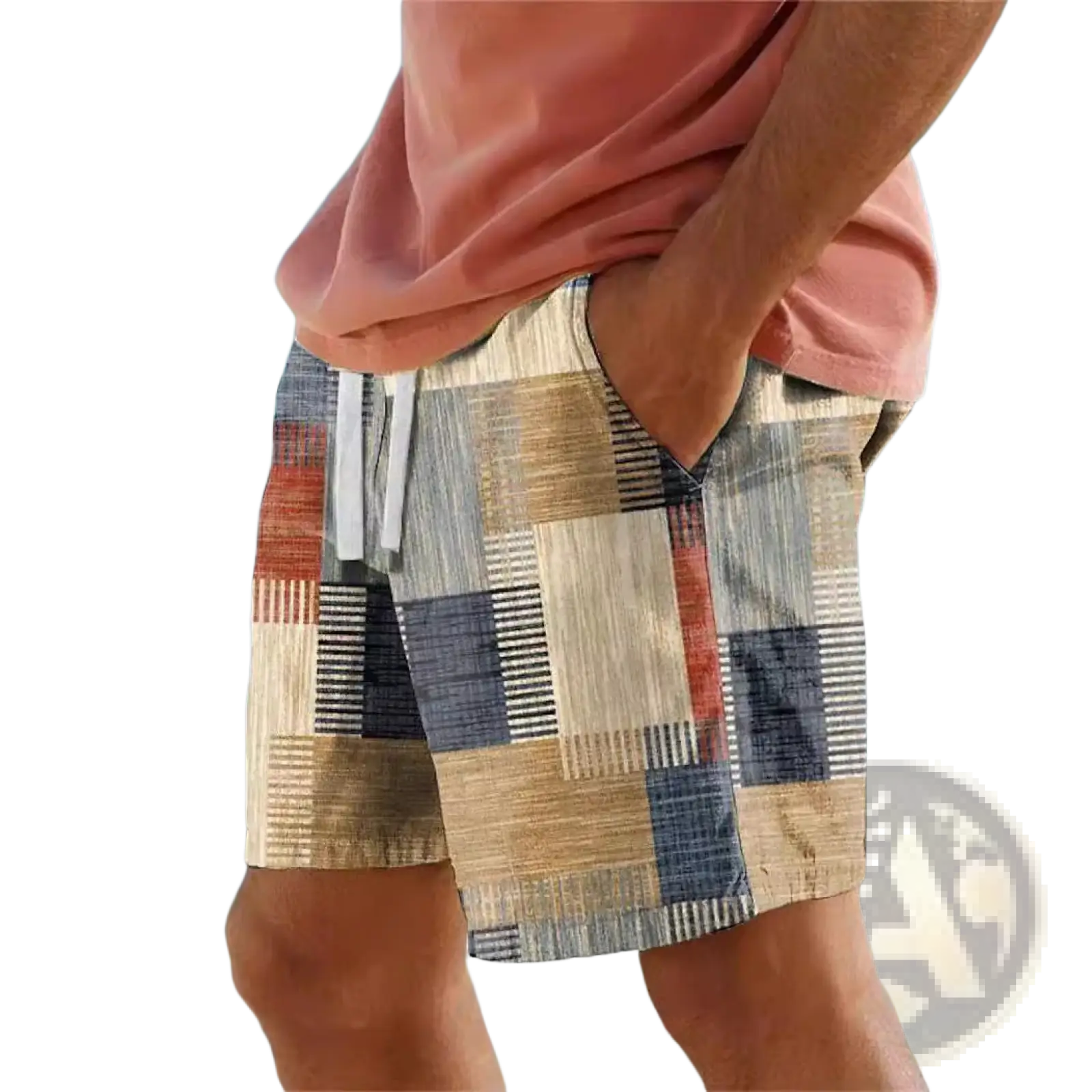 Men’s patchwork houndstooth streetwear casual shorts with earthy beige navy blue and rust red tones and subtle stripes