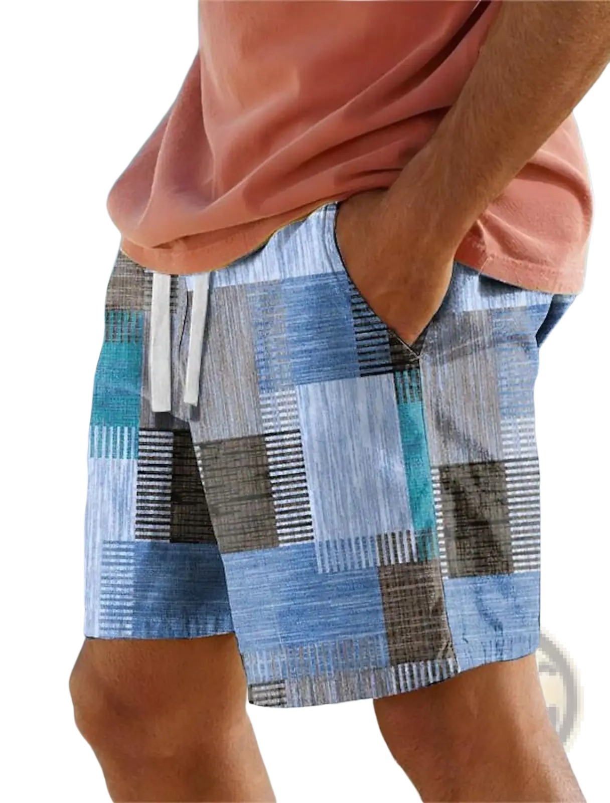 Men’s patchwork houndstooth streetwear casual shorts in blue and gray textured woven fabric design