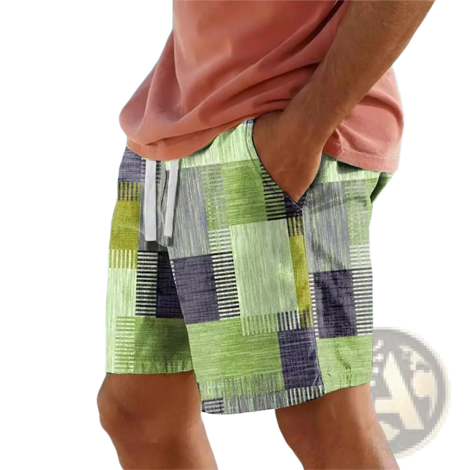 Men’s patchwork houndstooth streetwear casual shorts in green and purple geometric pattern with white drawstrings
