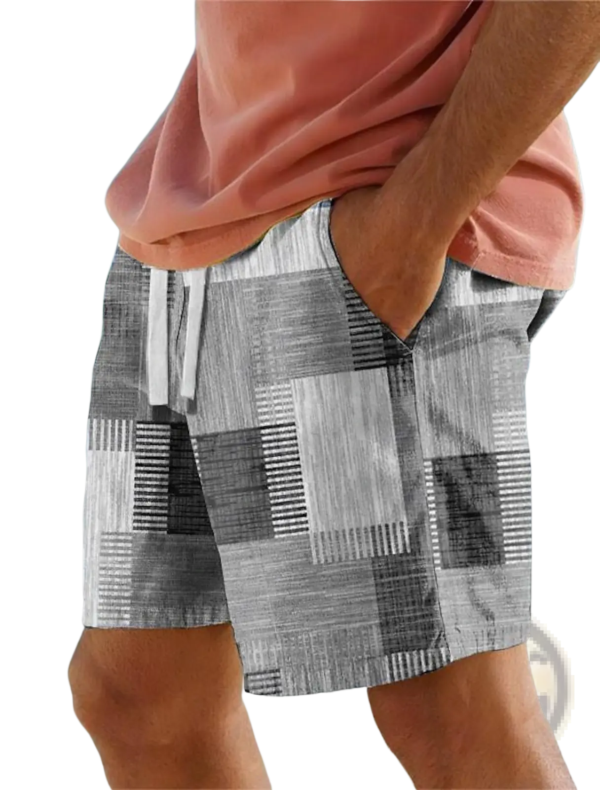 Men’s patchwork houndstooth casual shorts in gray and white geometric pattern with drawstring waistband
