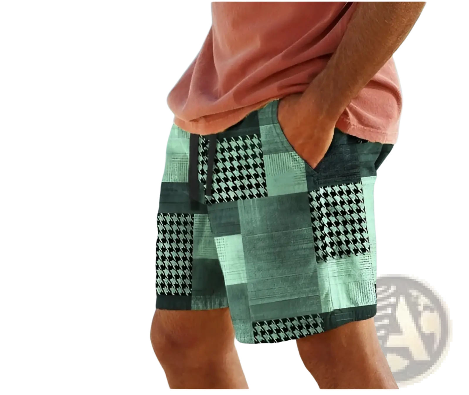 Men’s patchwork houndstooth streetwear casual shorts in green and black with a distinctive pattern