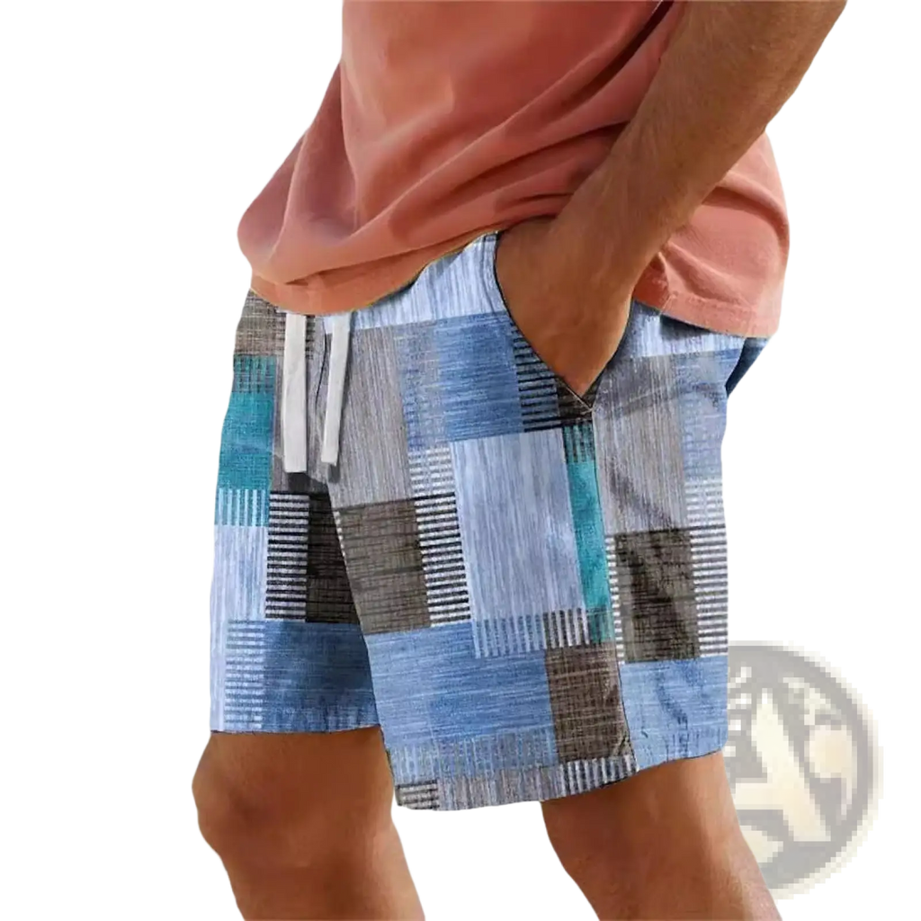 Men’s patchwork houndstooth streetwear casual shorts in blue and gray textured woven fabric design
