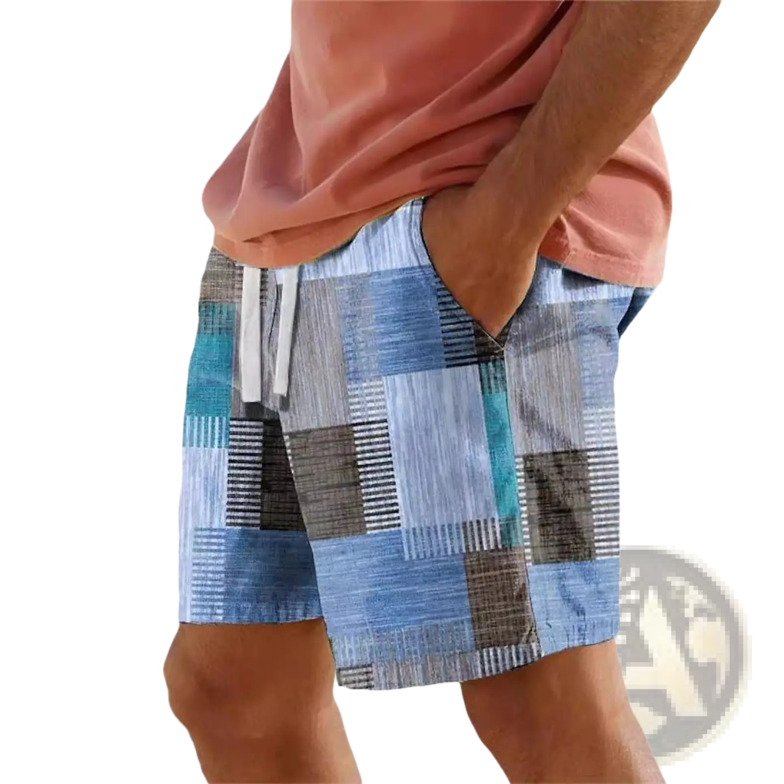 Men’s patchwork houndstooth streetwear casual shorts in blue and gray textured woven fabric design