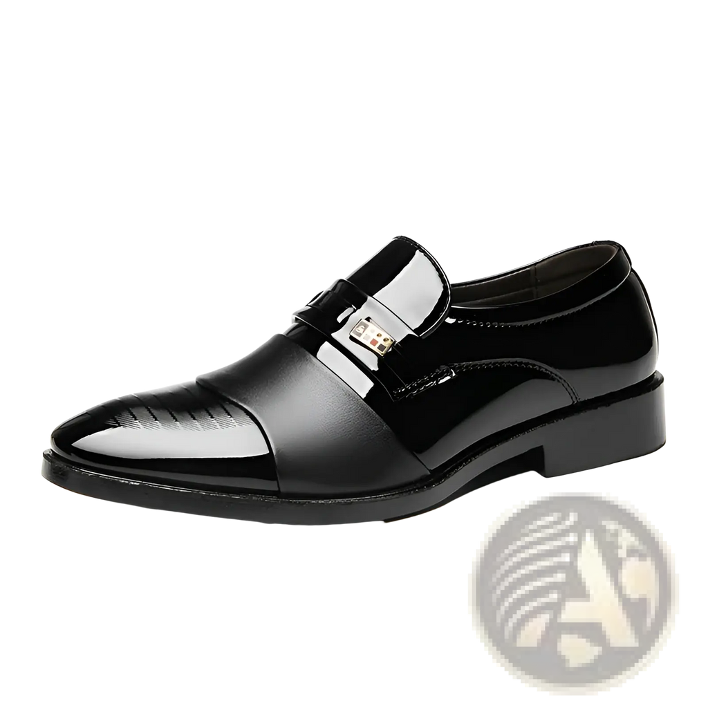 Black patent leather slip-on dress shoe with glossy finish and metallic buckle for business and formal wear