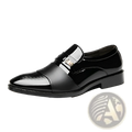 Black patent leather slip-on dress shoe with glossy finish and metallic buckle for business and formal wear
