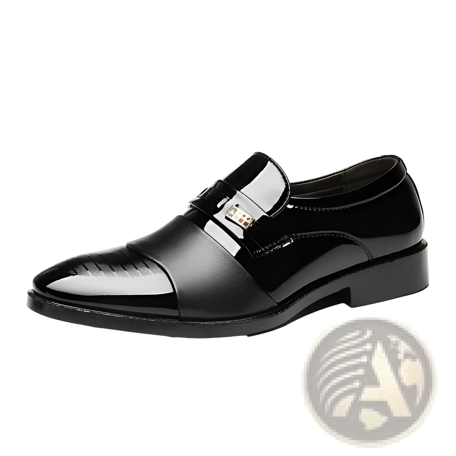 Black patent leather slip-on dress shoe with glossy finish and metallic buckle for business and formal wear