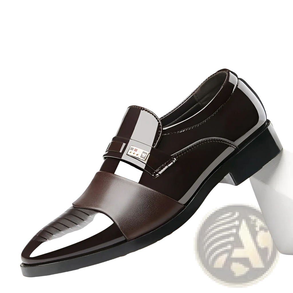 Men’s shiny dark brown patent leather slip-on loafers with matte panel and silver buckle for business and formal wear