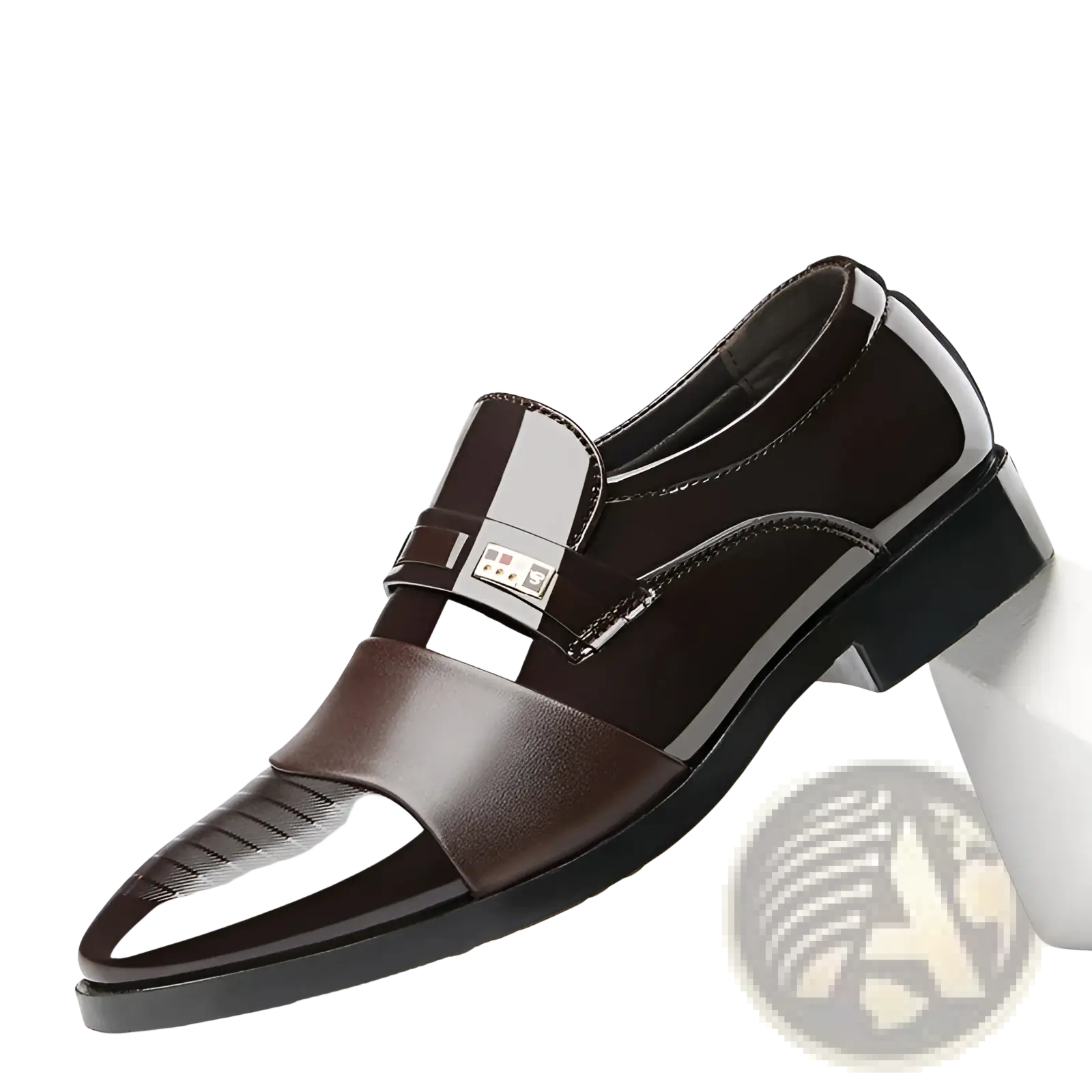Men’s shiny dark brown patent leather slip-on loafers with matte panel and silver buckle for business and formal wear