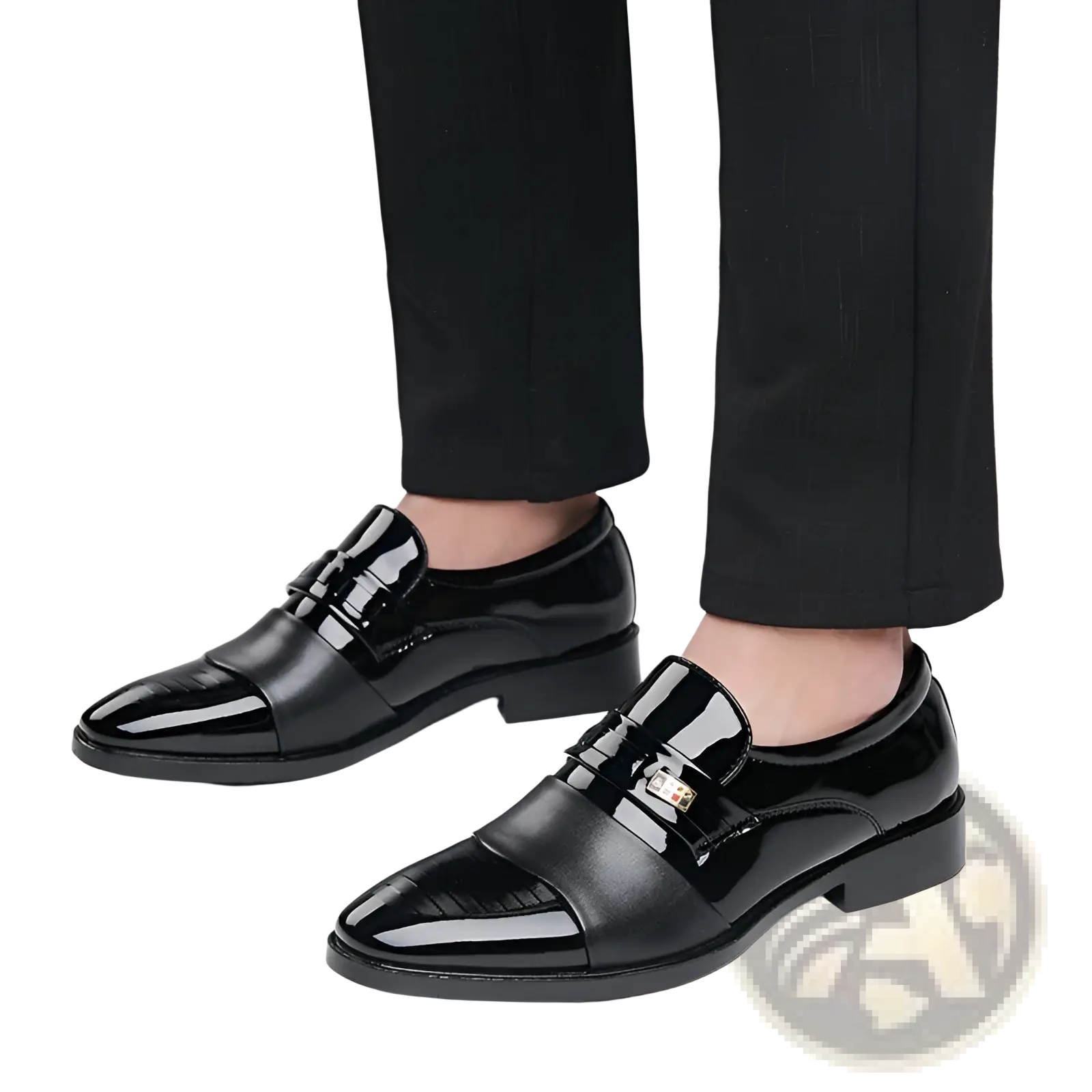 Men’s black patent leather lace-up dress shoes with glossy finish and gold-tone buckle for business and formal wear