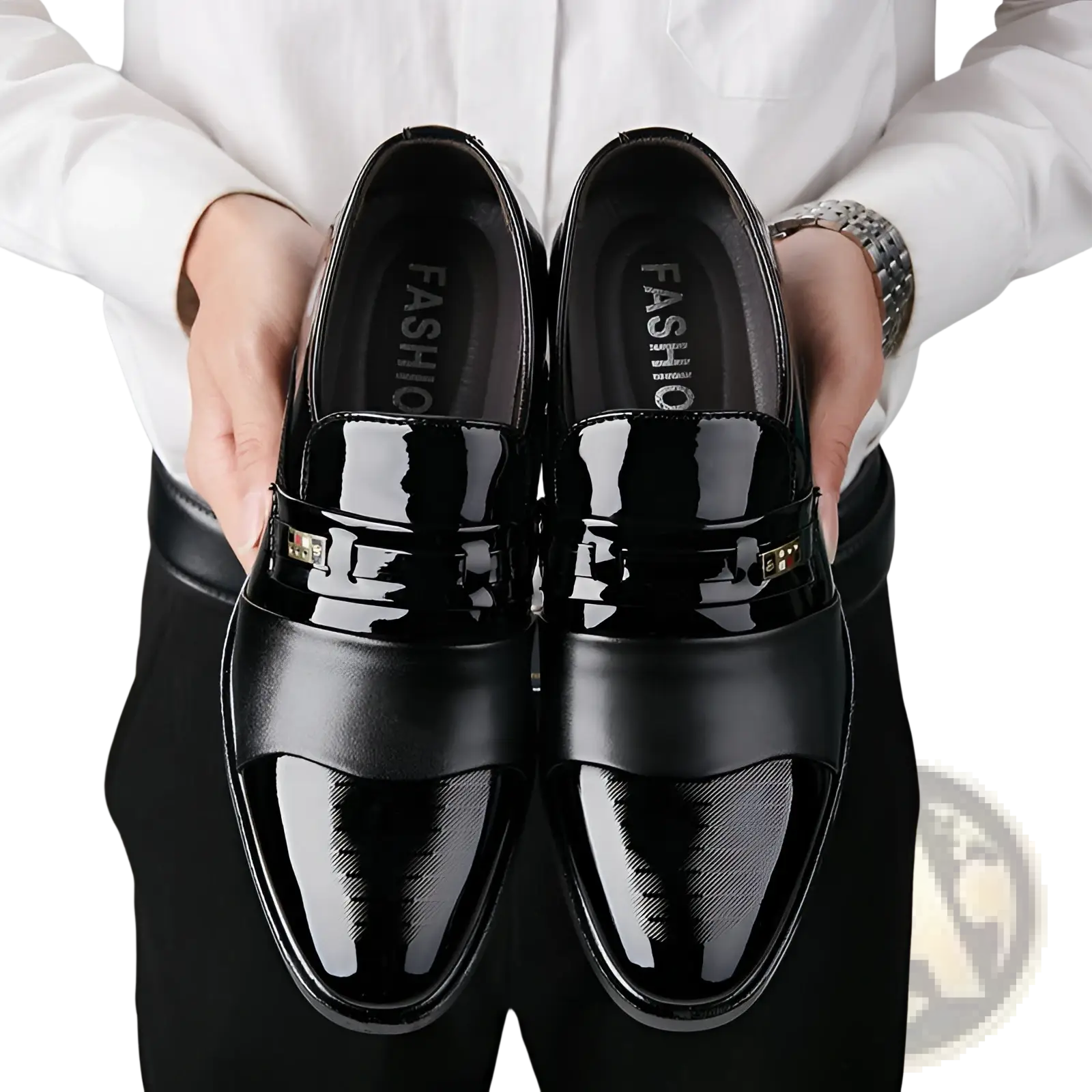 Men’s patent leather buckle loafers in black with a glossy finish and gold-tone accents for business and formal wear