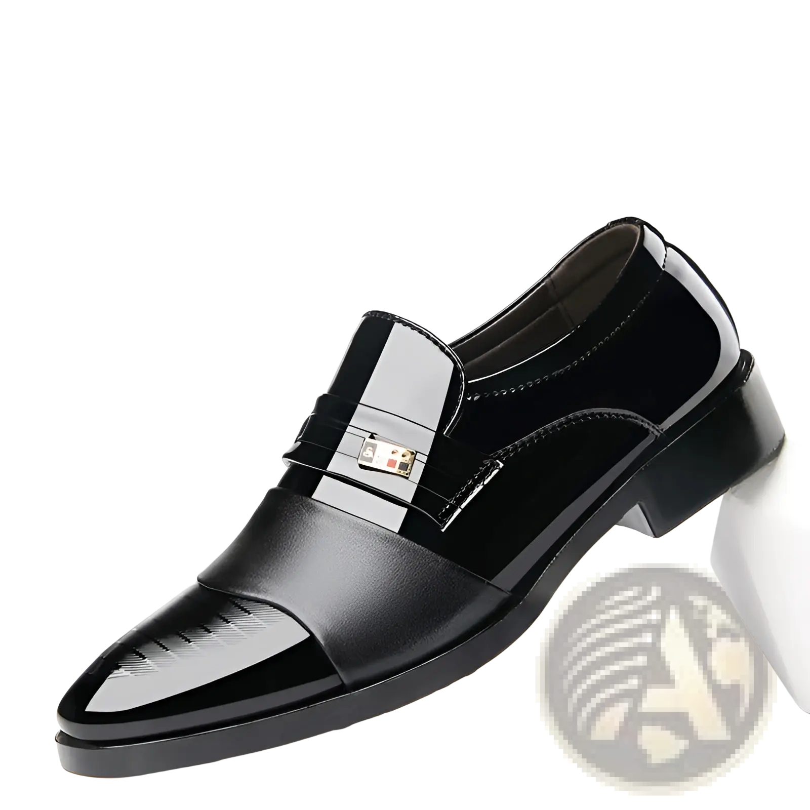 Men’s patent leather buckle loafers in black with a glossy finish and metallic buckle for business and formal wear