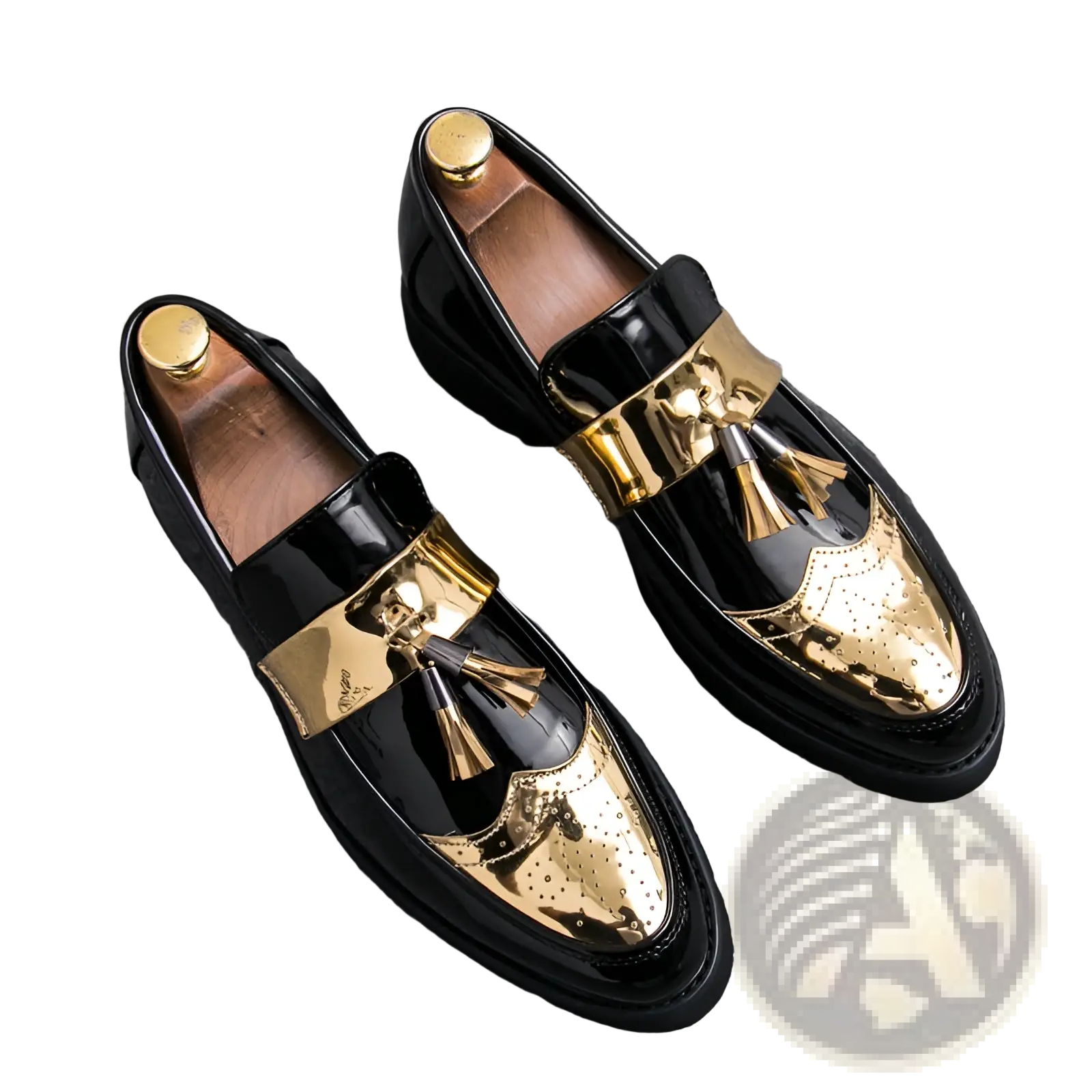 Men’s black and gold patent leather tassel loafers with metallic strap and glossy finish