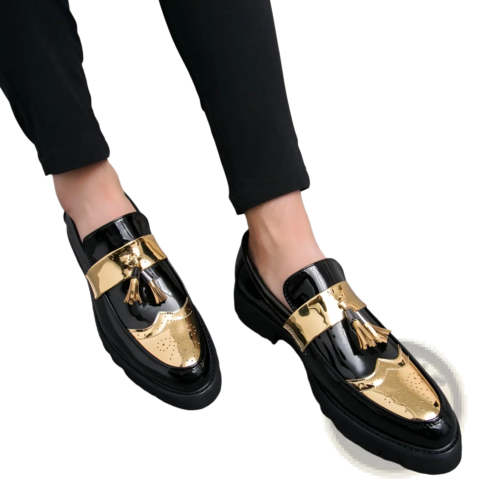 Men’s black and gold patent leather tassel loafers with glossy finish ornate brogue toe and metallic strap