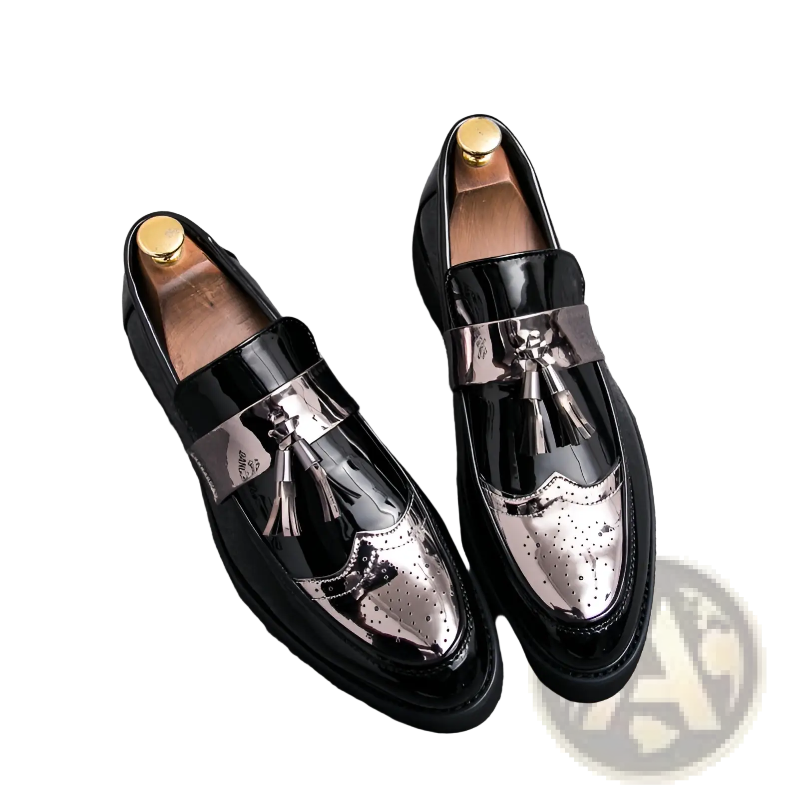 Men’s black and silver patent leather tassel loafers with a polished metallic strap across the toe