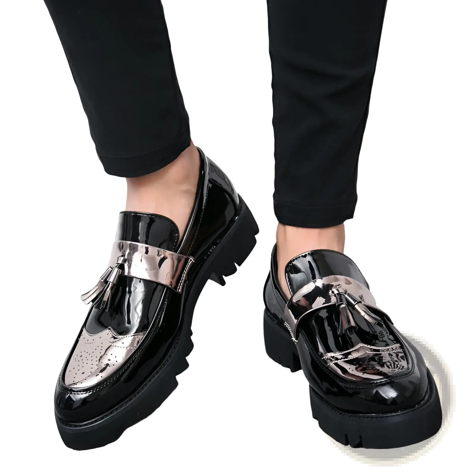 Men’s patent leather tassel loafers in black with silver metallic straps and detailed tassel accents